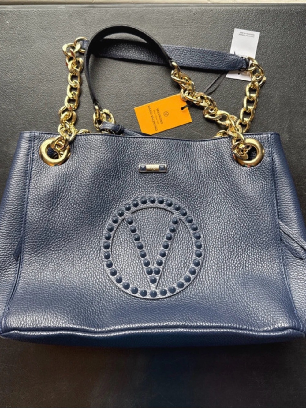 Mario Valentino Navy Leather Shoulder Tote with Gold Chain Handles